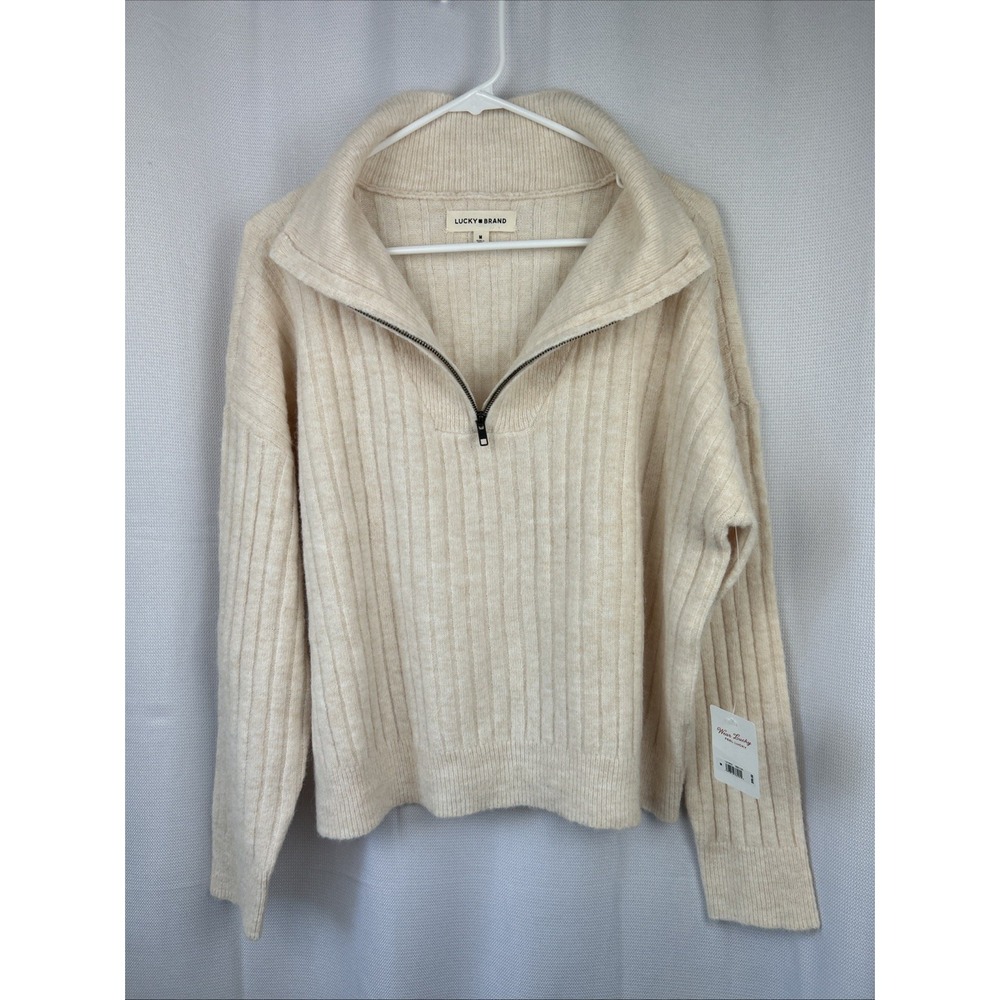 Lucky Brand Cream Wool Blend 1/4 Zip Mock Neck M Crop Sweater NWT Preppy Soft